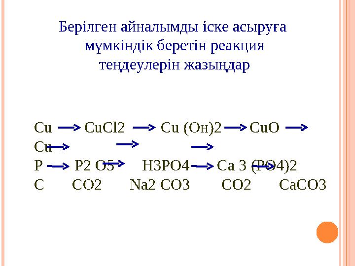 Берілген айналымды іске асыруға мүмкіндік беретін реакция теңдеулерін жазыңдар Cu CuCl2 Cu (Он)2 С uO