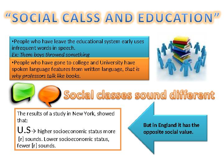 • People who have leave the educational system early uses infrequent words in speech. Ex: Them boys throwed something • People