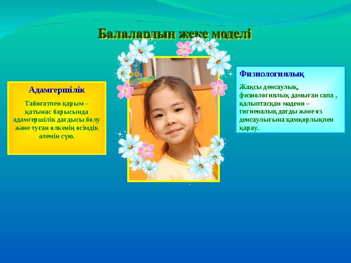 Адамгершілік Табиғатпен қарым – қатынас барысында адамгершілік дағдысы болу және туған өлкенің өсімдік әлемін сүю. Физиологи