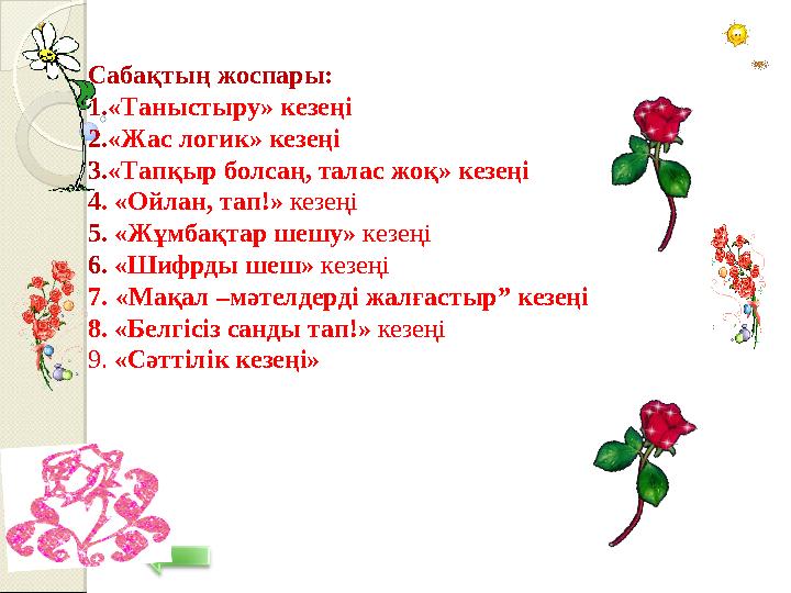 Сабақтың жоспары: 1. «Таныстыру» кезеңі 2. «Жас логик» кезеңі 3. «Тапқыр болсаң, талас жоқ» кезеңі 4 . «Ойлан, тап!» ке