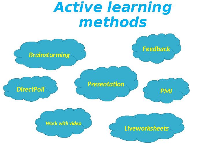 Active learning methods Brainstorming Presentation Work with video Liveworksheets Feedback PMIDirectPoll