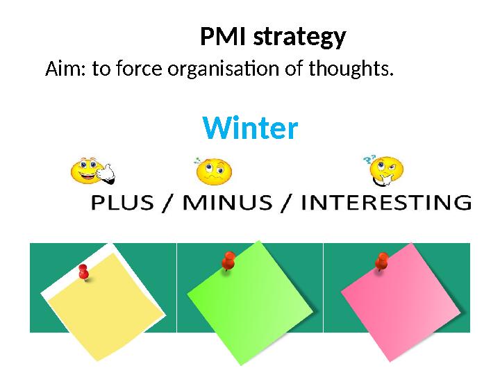 WinterPMI strategy Aim: to f orce organisation of thoughts.
