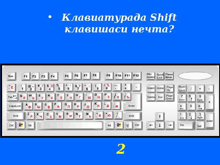 • Клавиатурада Shift клавишаси нечта ? 2