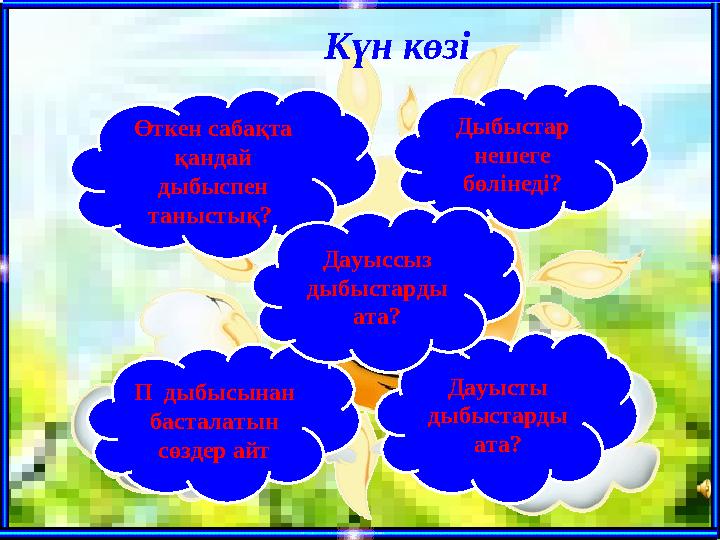 Күн көзі Өткен сабақта қандай дыбыспен таныстық? П дыбысынан басталатын сөздер айт Дыбыстар нешеге бөлінеді? Дауысты д