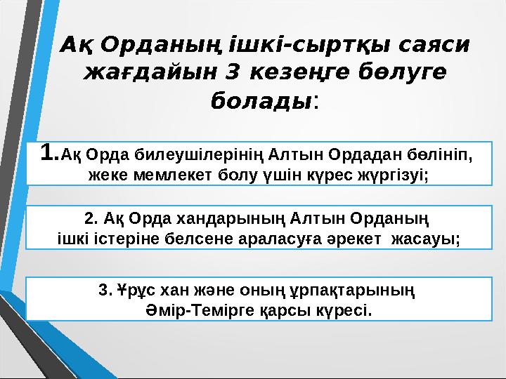 Ақ Орданың ішкі-сыртқы саяси жағдайын 3 кезеңге бөлуге болады : 1. Ақ Орда билеушілерінің Алтын Ордадан бөлініп, жеке мемлеке