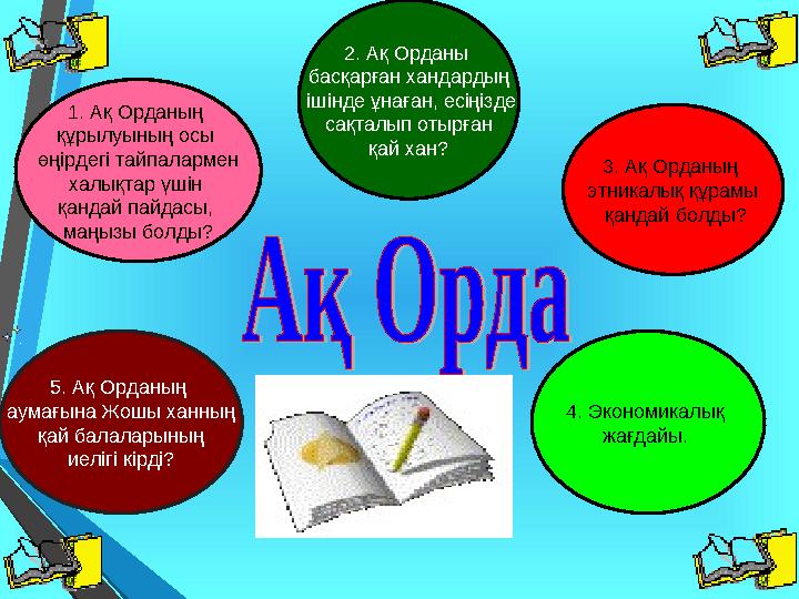 2. Ақ Орданы басқарған хандардың ішінде ұнаған, есіңізде сақталып отырған қай хан? 3. Ақ Орданың этникалық құрамы қанда