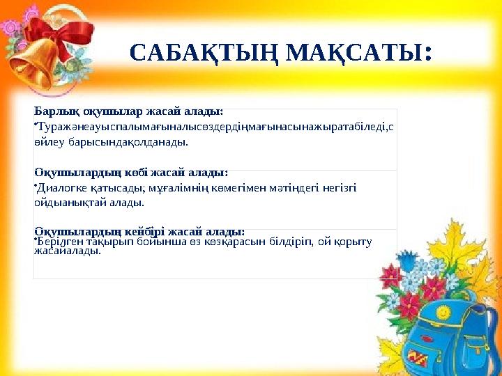 САБАҚТЫҢ МАҚСАТЫ : Барлық оқушылар жасай алады:  Туражəнеауыспалымағыналысөздердіңмағынасынажыратабіледі,с өйлеу барысындақолда
