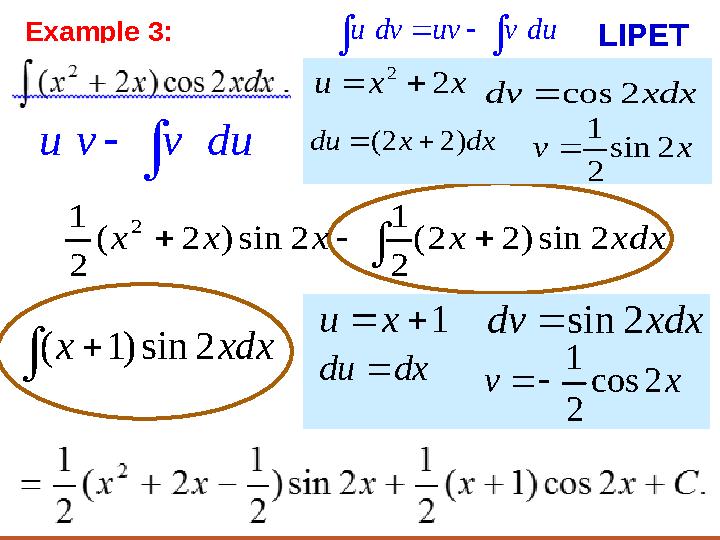 Example 3: u dv uv v du     LIPET u v v du   x x u 2 2   xdx dv 2 cos  dx x du ) 2 2 (   x v 2 sin 2