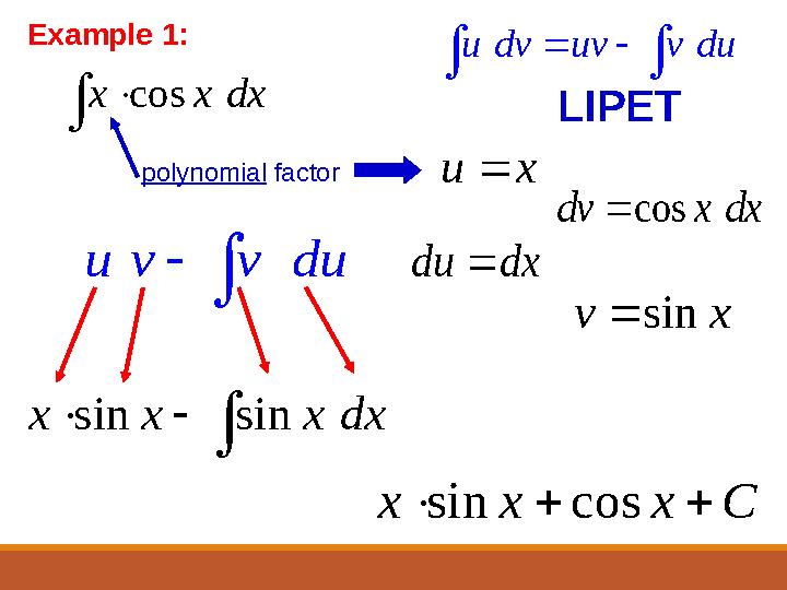 Example 1:cos x x dx   polynomial factor u x  du dx  cos dv x dx  sin v x  u dv uv v du     LIPET sin
