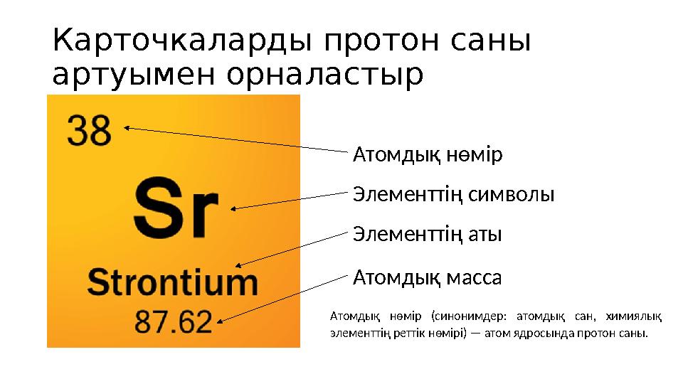 Карточкаларды протон саны артуымен орналастыр Атомдық нөмір (синонимдер: атомдық сан, химиялық элементтің реттік нөмірі)