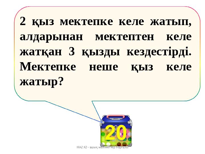2 қыз мектепке келе жатып, алдарынан мектептен келе жатқан 3 қызды кездестірді. Мектепке неше қыз келе