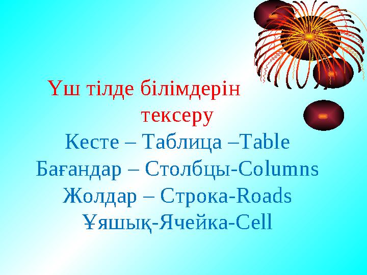 Үш тілде білімдерін тексеру Кесте – Таблица – Table Бағандар – Столбцы- Columns Жолдар – Строка- Roads Ұяшық-Ячейка