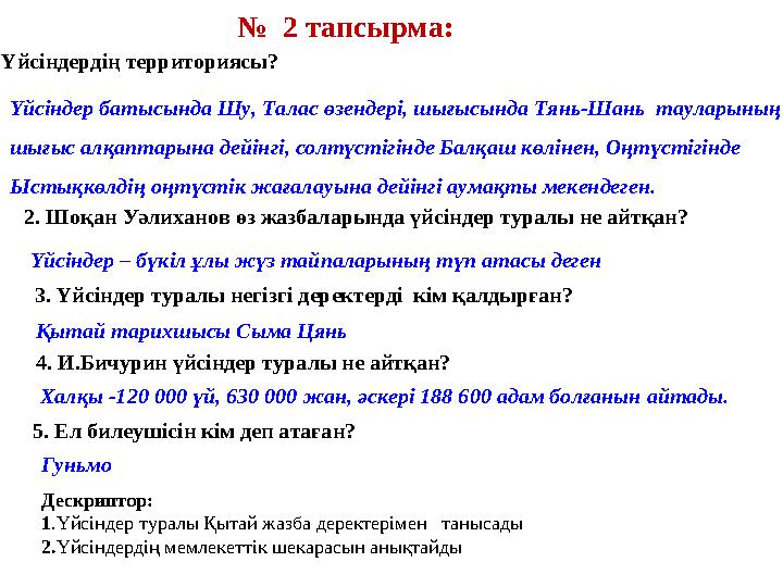 2. Шоқан Уәлиханов өз жазбаларында үйсіндер туралы не айтқан? Үйсіндер – бүкіл ұлы жүз тайпаларының түп атасы деген 3. Үйсіндер