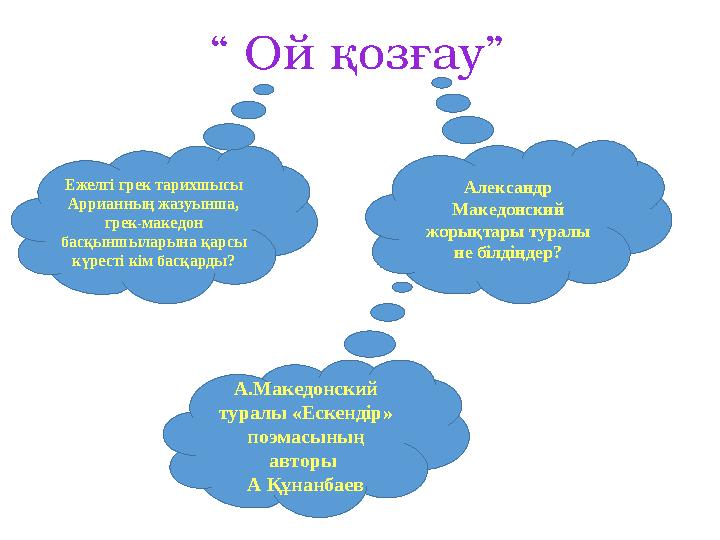 “ Ой қозғау” Ежелгі грек тарихшысы Аррианның жазуынша, грек-македон басқыншыларына қарсы күресті кім басқарды? Александр М