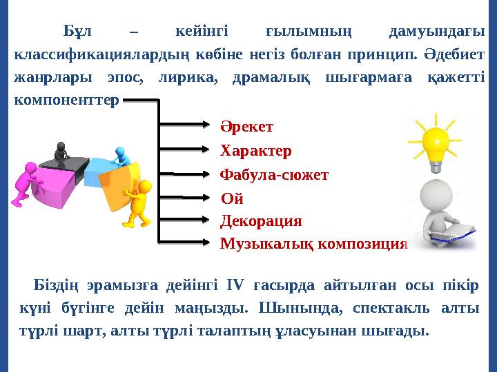 Бұл – кейінгі ғылымның дамуындағы классификациялардың көбіне негіз болған принцип. Әдебиет жанрлары эпос, лирика,