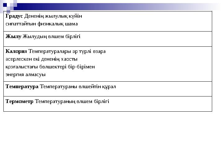 Градус Дененің жылулық күйін сипаттайтын физикалық шама Жылу Жылудың өлшем бірлігі Калори я Температуралары әр түрлі өзара әсе