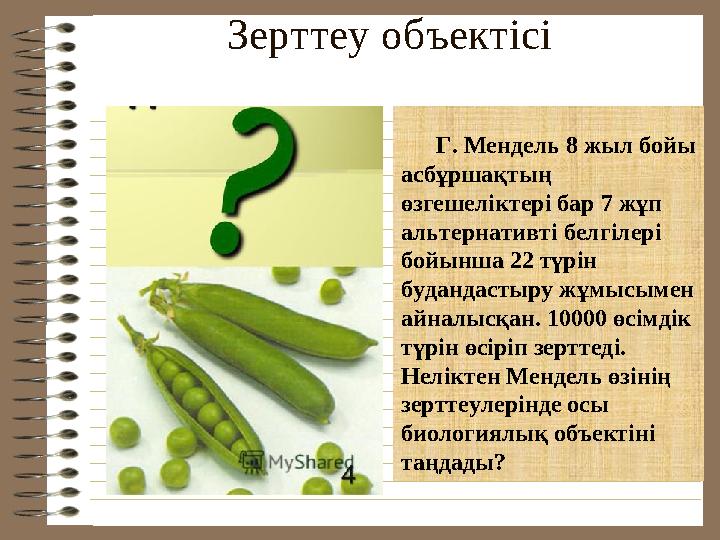 Зерттеу объектісі Г. Мендель 8 жыл бойы асбұршақтың өзгешеліктері бар 7 жұп альтернативті белгілері бойынша 22 түрін буданд