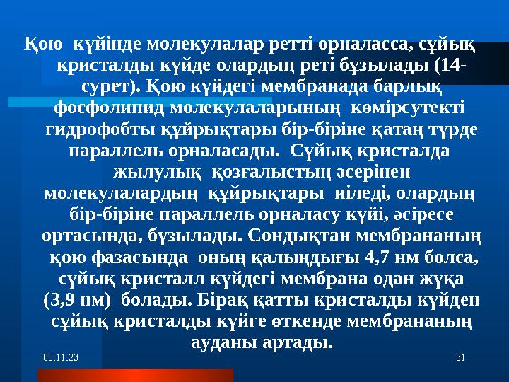 05.11.23 31Қою күйінде молекулалар ретті орналасса, сұйық кристалды күйде олардың реті бұзылады (14- сурет). Қою күйдегі мем