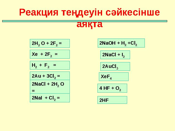 Реакция теңдеуін сәйкесінше аяқта Xe + 2F 2 = H 2 + F 2 = 2Au + 3Cl 2 = 2Na Cl + 2H 2 O = 2NaI + Cl 2 =2H 2 O