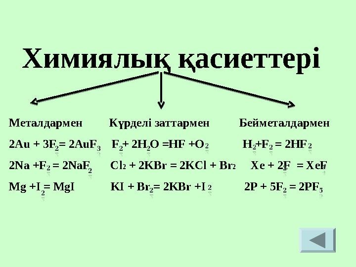 Металдармен Күрделі заттармен Бейметалдармен 2Au + 3F = 2AuF F + 2H O =HF +O H +F = 2HF 2Na