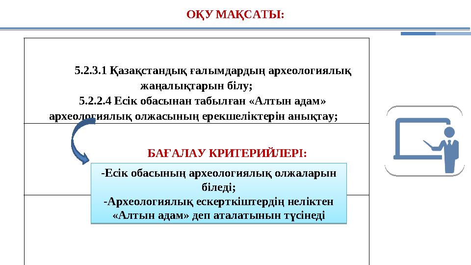ОҚУ МАҚСАТЫ: 5.2.3.1 Қазақстандық ғалымдардың археологиялық жаңалықтарын білу; 5.2.2.4 Есік обасынан табылған