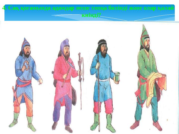 4. Сақ қоғамында адамдар неше топқа бөлінді және олар қалай киінді?