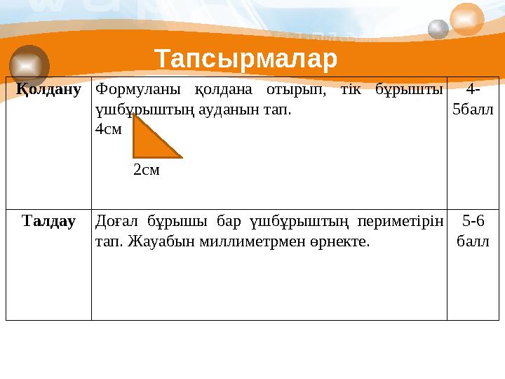 Тапсырмалар Қолдану Формуланы қолдана отырып, тік бұрышты үшбұрыштың ауданын тап. 4см 2см 4- 5балл Талдау Доғал