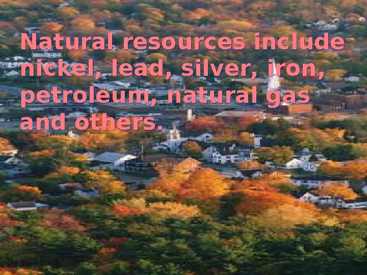 Natural resources include nickel, lead, silver, iron , petroleum, natural gas and others.Natural resources include nickel,