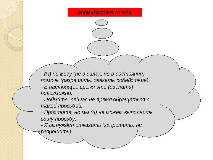 Формулировка отказа - (Я) не могу (не в силах, не в состоянии) помочь (разрешить, оказать содействие). - В настоящее время эт