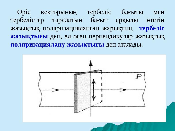 Өріс векторының тербеліс бағыты мен тербелістер таралатын бағыт арқылы өтетін жазықтық поляризацияланған жарықт