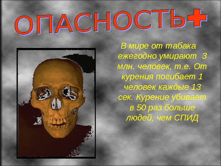 В мире от табака ежегодно умирают 3 млн. человек, т.е. От курения погибает 1 человек каждые 13 сек. Курение убивает в