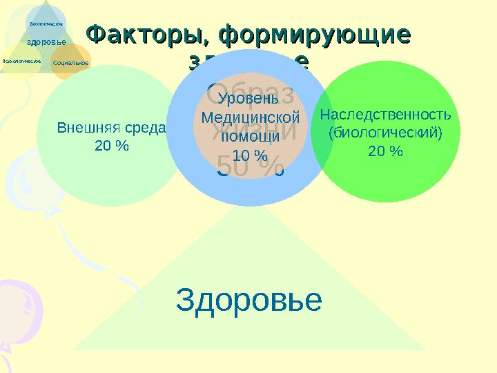 Биологическое СоциальноеПсихологическое здоровье Факторы, формирующие Факторы, формирующие здоровьездоровье ЗдоровьеВнешняя