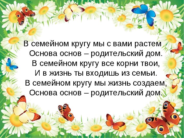 В семейном кругу мы с вами растем Основа основ – родительский дом. В семейном кругу все корни твои, И в жизнь ты входишь из с