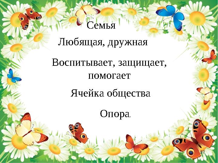 37Семья Любящая, дружная Воспитывает, защищает, помогает Ячейка общества Опора .