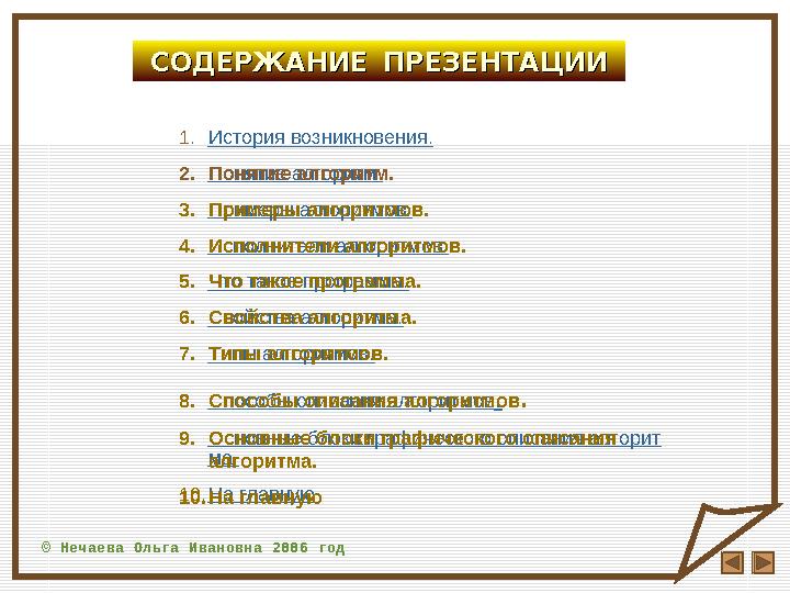 СОДЕРЖАНИЕСОДЕРЖАНИЕ ПРЕЗЕНТАЦИИПРЕЗЕНТАЦИИ 1. История возникновения. 2. Понятие алгоритм. 3. Примеры алгоритмов. 4. Исполн