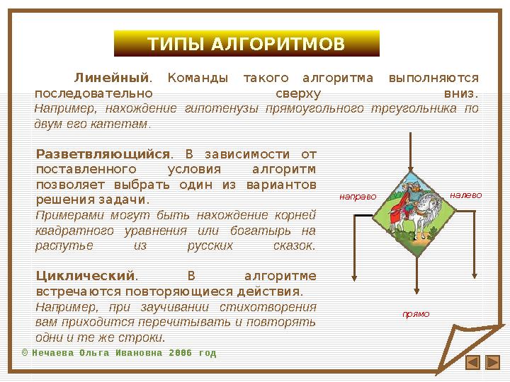 Линейный . Команды такого алгоритма выполняются последовательно сверху вниз. Например, нахождение гипотенузы п