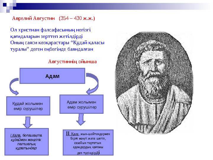 Аврелий Августин (354 – 430 ж.ж.) Ол христиан фәлсафасының негізгі қағидаларын зерттеп жетілдірді Оның саяси көзқарастары “Қ