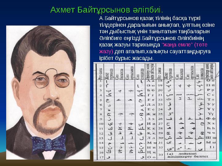 Ахмет Байтұрсынов әліпбиі.Ахмет Байтұрсынов әліпбиі. А.Байтұрсынов қазақ тілінің басқа түркі тілдерінен даралығын анықтап, ұлтт