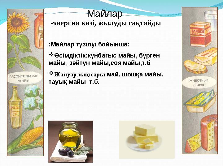 Майлар -энергия көзі, жылуды сақтайды :Майлар түзілуі бойынша:  Өсімдіктік :күнбағыс майы, бүрген майы, зәйтүн майы,соя майы,т