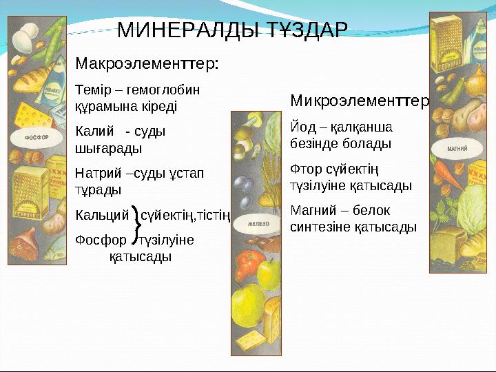 МИНЕРАЛДЫ ТҰЗДАР Макроэлементтер: Темір – гемоглобин құрамына кіреді Калий - суды шығарады Натрий –суды ұстап тұрады Кальци