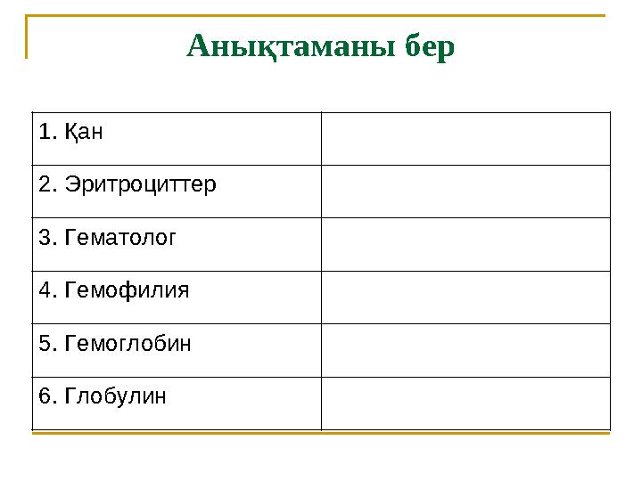 Анықтаманы бер 1. Қан 2. Эритроциттер 3. Гематолог 4. Гемофилия 5. Гемоглобин 6. Глобулин