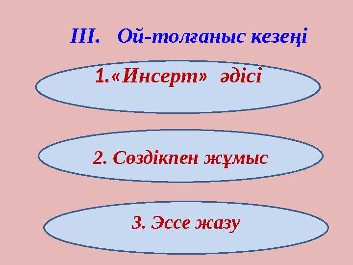 III . Ой - толғаныс кезеңі 1 .« Инсерт » әдісі 2 . Сөздікпен жұмыс 3 . Эссе жазу