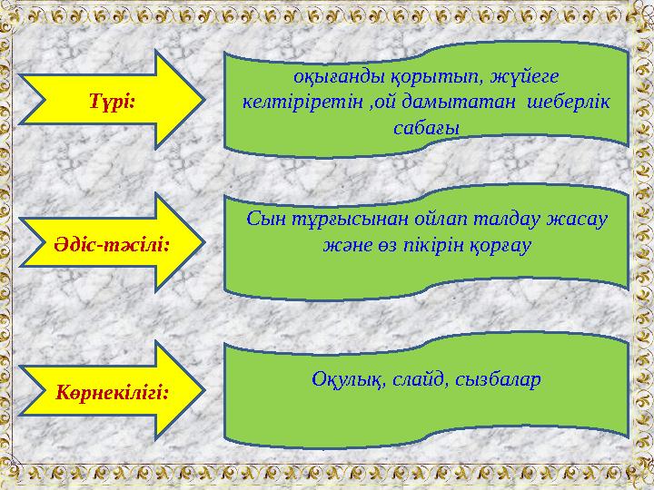 оқығанды қорытып, жүйеге келтіріретін ,ой дамытатан шеберлік сабағыТүрі: Сын тұрғысынан ойлап талдау жасау және өз пікірін қ