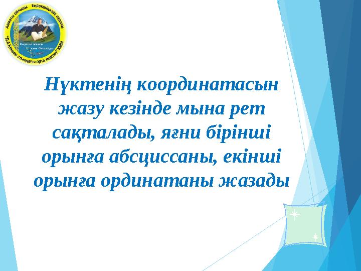 Нүктенің координатасын жазу кезінде мына рет сақталады, яғни бірінші орынға абсциссаны, екінші орынға ординатаны жазады