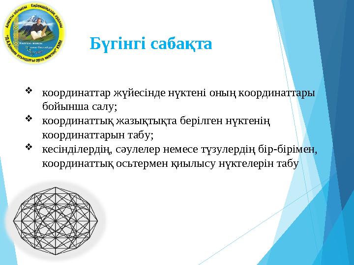 Бүгінгі сабақта  координаттар жүйесінде нүктені оның координаттары бойынша салу;  координаттық жазықтықта берілген нүктенің