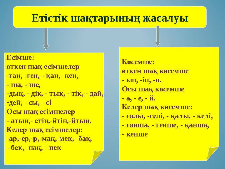 Етістік шақтарының жасалуы Есімше: өткен шақ есімшелер -ған, -ген, - қан,- кен, - ша, - ше, -дық, - дік, - тық, - тік, - дай, - Етістік шақтарының жасалуы Есімше: өткен шақ есімшелер -ған, -ген, - қан,- кен, - ша, - ше, -дық, - дік, - тық, - тік, - дай, -
