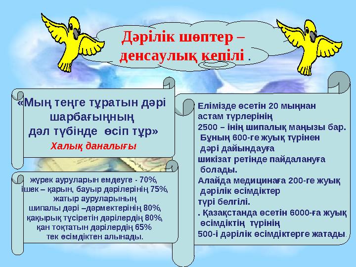 Елімізде өсетін 20 мыңнан астам түрлерінің 2500 – інің шипалық маңызы бар. Бұның 600-ге жуық түрінен дәрі дайындауға шикі