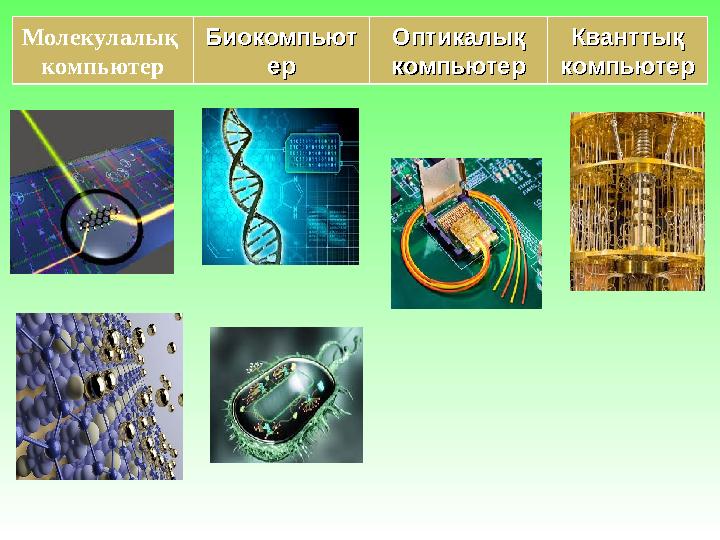 Молекулалық компьютер БиокомпьютБиокомпьют ерер Оптикалық Оптикалық компьютеркомпьютер Кванттық Кванттық компьютеркомпьютер