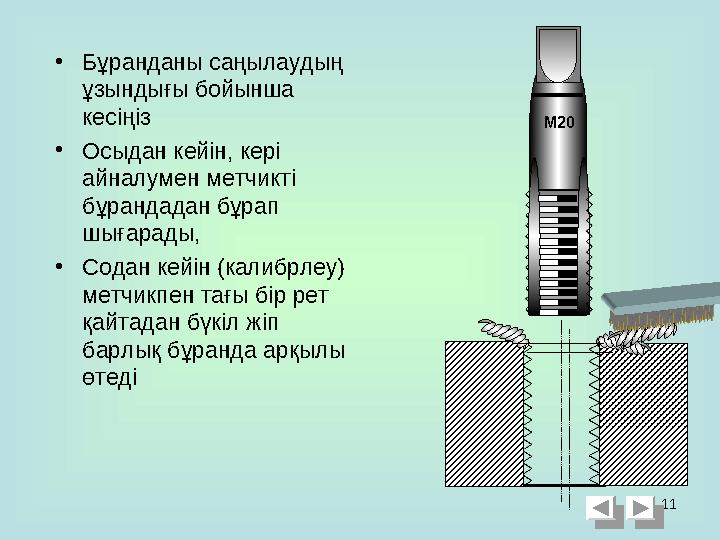 11М20• Бұранданы саңылаудың ұзындығы бойынша кесіңіз • Осыдан кейін, кері айналумен метчикті бұрандадан бұрап шығарады , •