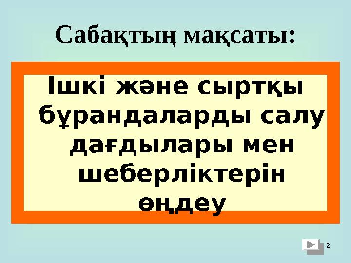 2Сабақтың мақсаты: Ішкі және сыртқы бұрандаларды салу дағдылары мен шеберліктерін өңдеу